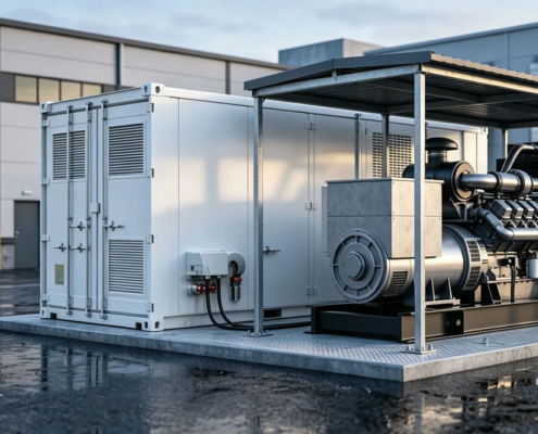 Modern commercial battery backup cabinet system paired with a industrial standby diesel generator set at a commercial facility
