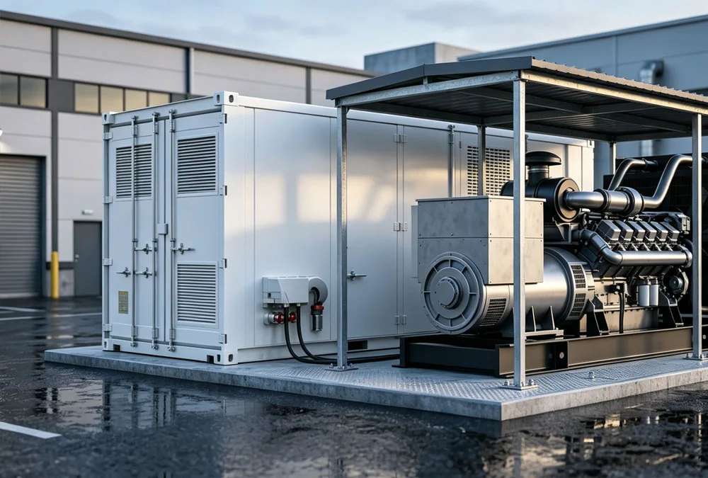 Modern commercial battery backup cabinet system paired with a industrial standby diesel generator set at a commercial facility