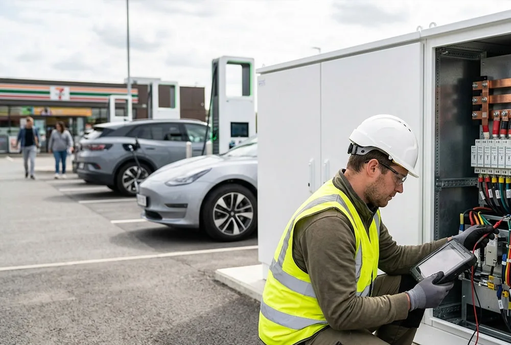 Field technician checking a hybrid energy storage system cabinet near commercial EV fast charging stations