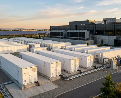 Large-scale battery energy storage system containers installed outside a modern data center with solar panels