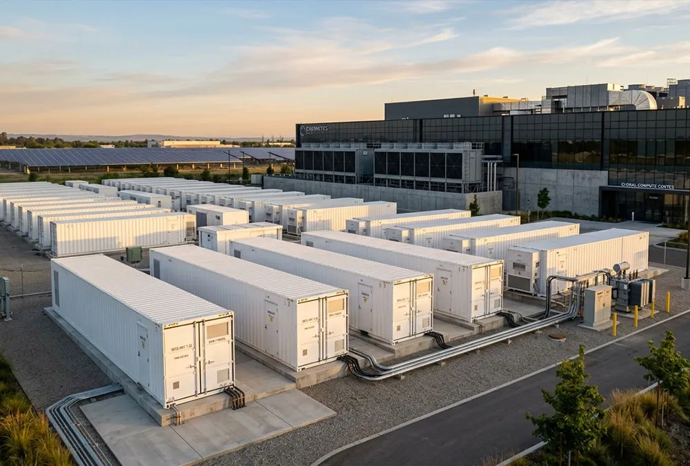 Large-scale battery energy storage system containers installed outside a modern data center with solar panels