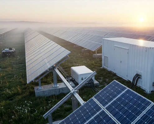 Utility scale solar energy power plant featuring single axis tracking system and high efficiency PV modules.
