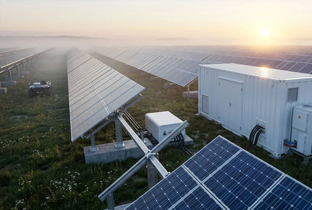 Utility scale solar energy power plant featuring single axis tracking system and high efficiency PV modules.
