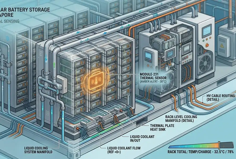 Isometric detail view of commercial solar battery storage rack with thermal anomaly sensor and fire mitigation system