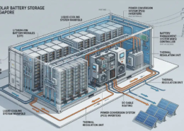 3D isometric cutaway view of a commercial solar battery storage container showing lithium battery modules and cooling system
