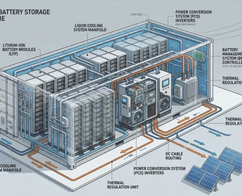 3D isometric cutaway view of a commercial solar battery storage container showing lithium battery modules and cooling system