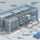 3D isometric cutaway view of a commercial solar battery storage container showing lithium battery modules and cooling system