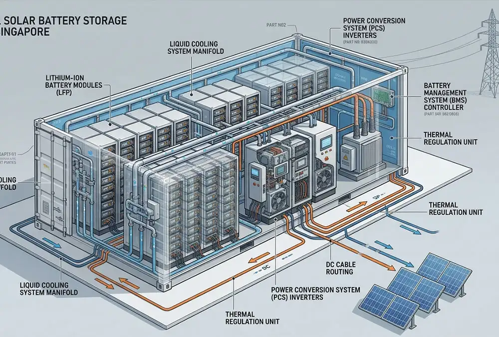 3D isometric cutaway view of a commercial solar battery storage container showing lithium battery modules and cooling system