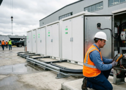 Commercial BESS grid connection showing liquid-cooled battery cabinets tied to a medium-voltage step-up transformer at an industrial facility