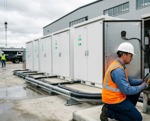 Commercial BESS grid connection showing liquid-cooled battery cabinets tied to a medium-voltage step-up transformer at an industrial facility