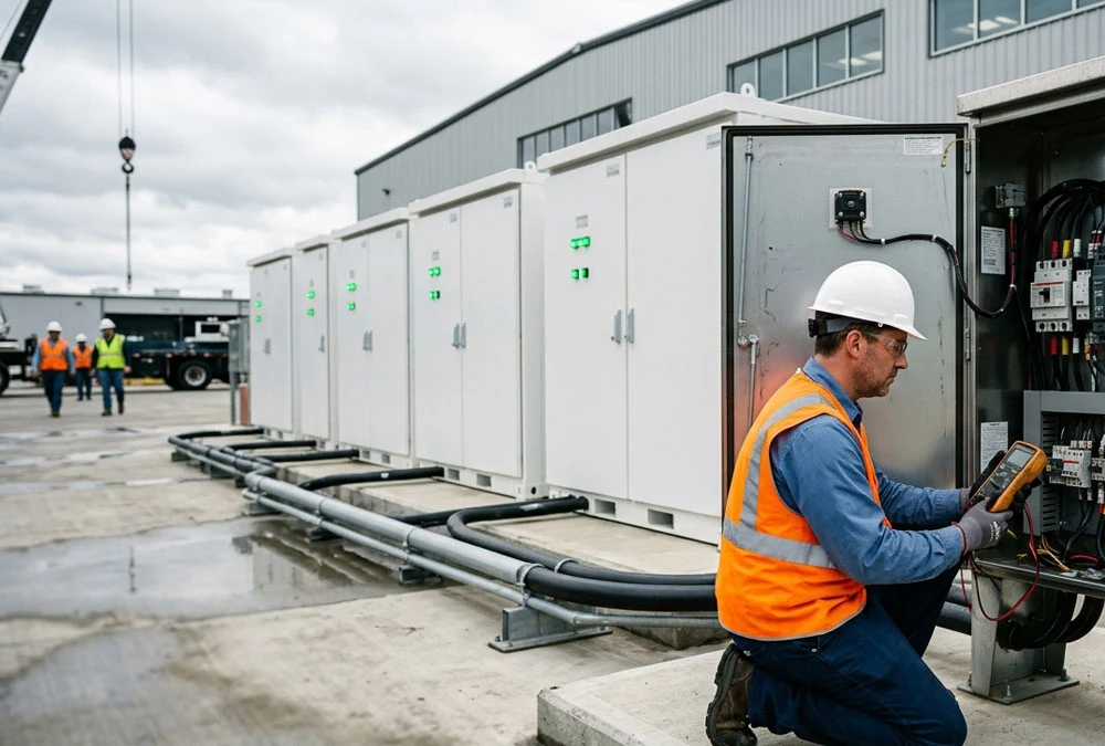Commercial BESS grid connection showing liquid-cooled battery cabinets tied to a medium-voltage step-up transformer at an industrial facility