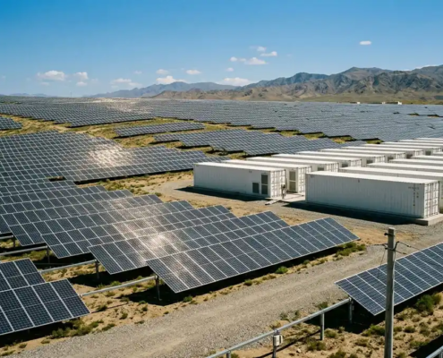 Large-scale solar farm with 40ft battery storage containers for a BESS EPC project