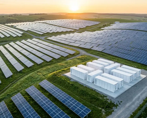 Panoramic view of a 5MW solar power plant installed on European farmland showing land efficiency