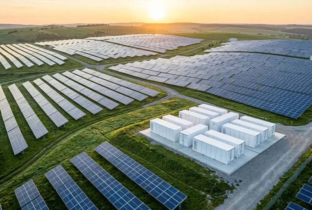 Panoramic view of a 5MW solar power plant installed on European farmland showing land efficiency