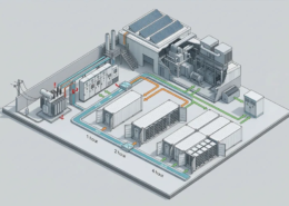 Isometric C&I energy site comparing 1-hour, 2-hour and 4-hour BESS configurations with solar, factory loads and grid connection