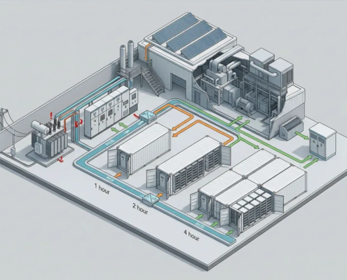 Isometric C&I energy site comparing 1-hour, 2-hour and 4-hour BESS configurations with solar, factory loads and grid connection