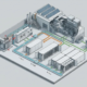 Isometric C&I energy site comparing 1-hour, 2-hour and 4-hour BESS configurations with solar, factory loads and grid connection