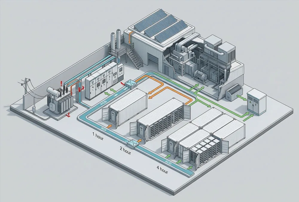 Isometric C&I energy site comparing 1-hour, 2-hour and 4-hour BESS configurations with solar, factory loads and grid connection