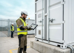 Engineer verifying battery passport and serial data at a stationary BESS container
