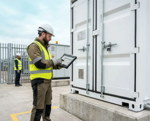 Engineer verifying battery passport and serial data at a stationary BESS container