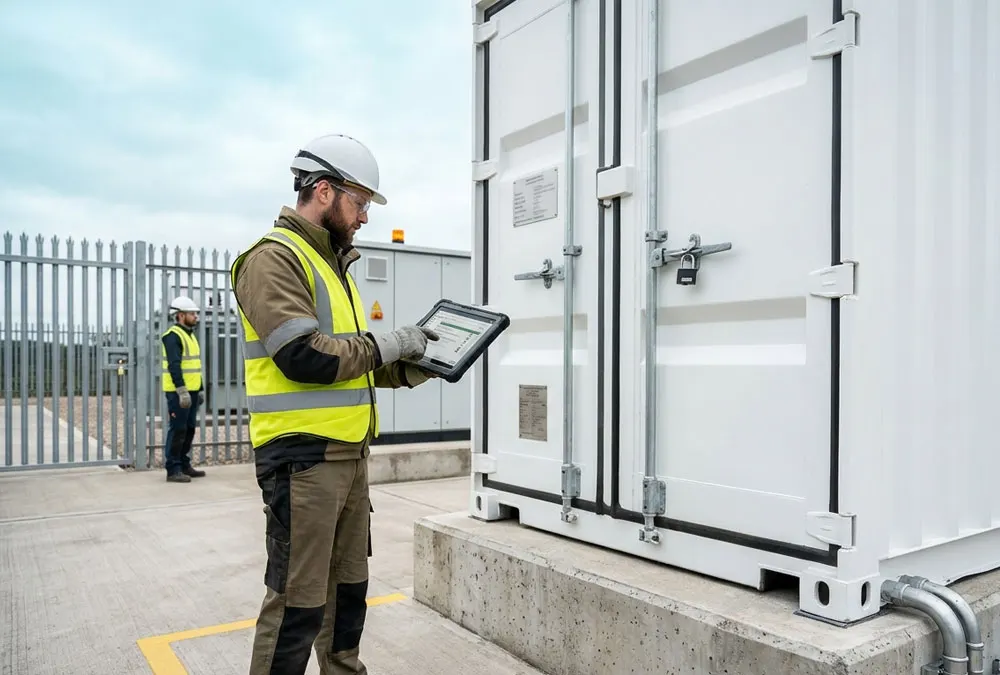 Engineer verifying battery passport and serial data at a stationary BESS container