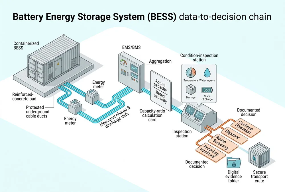Energy storage lifecycle solutions data chain for BESS capacity and recycling decisions