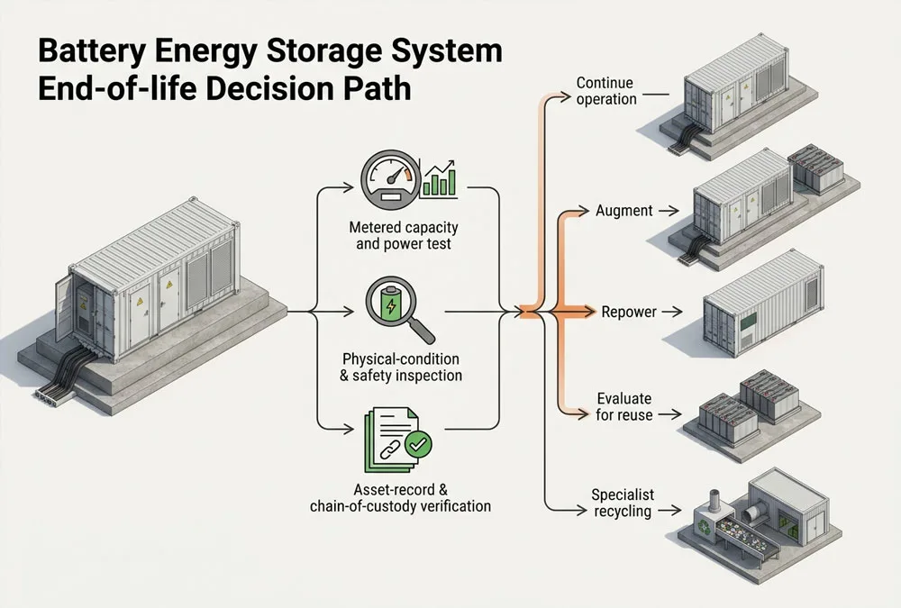 BESS end-of-life decision path from measured capacity to reuse, repowering or recycling
