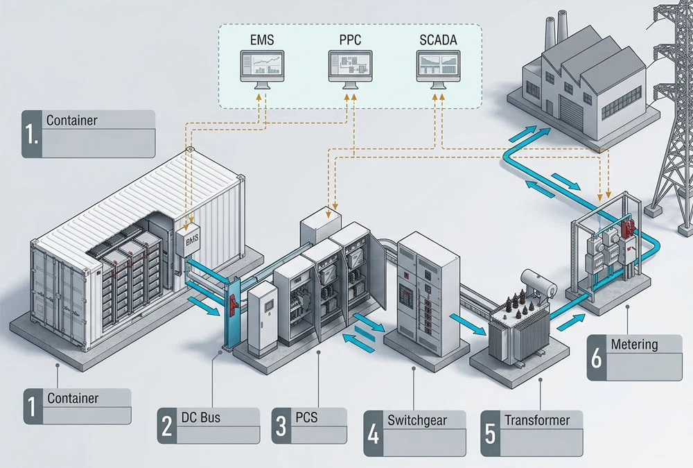 BESS PCS selection diagram linking MW, MVA, DC range, efficiency, grid mode and commissioning