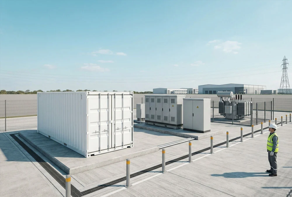 BESS PCS, transformer and protected switchgear at a European industrial energy storage site
