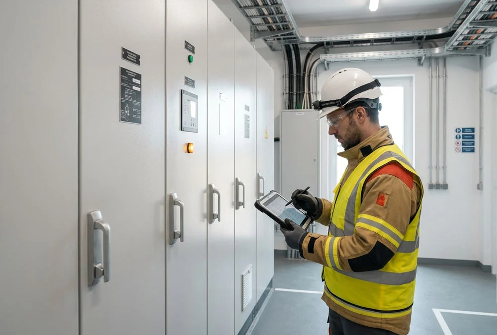 Engineer checking black start BESS auxiliary supply and grid-forming PCS controls before dead-bus energisation