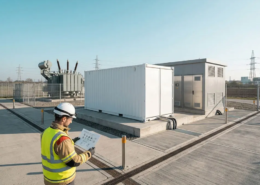 Black start BESS on concrete foundations beside an industrial substation during grid restoration planning