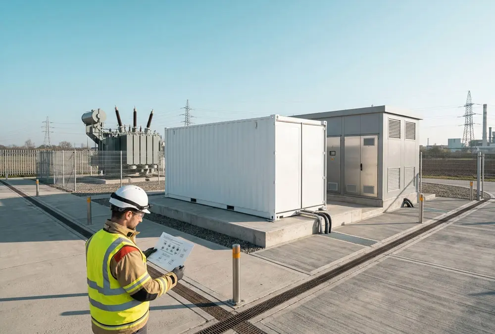 Black start BESS on concrete foundations beside an industrial substation during grid restoration planning