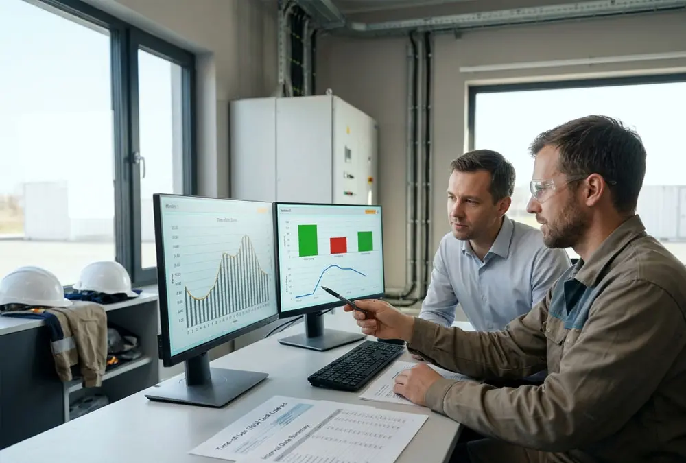 Energy manager reviewing C&I BESS tariff spread and battery dispatch data