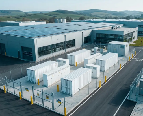 European factory with rooftop solar and a safely separated BESS compound for load shifting