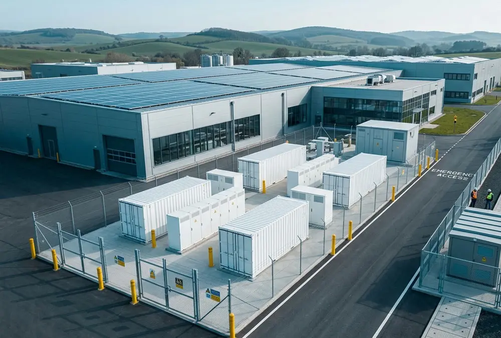 European factory with rooftop solar and a safely separated BESS compound for load shifting