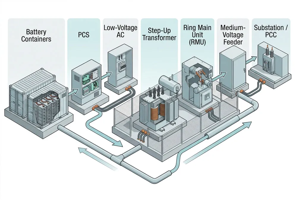 RMU BESS energy path from battery containers through PCS and transformer to the MV feeder and PCC.
