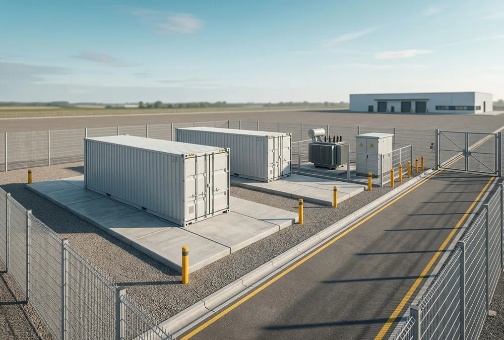 RMU BESS and transformer on an engineered medium-voltage pad at a European industrial site.