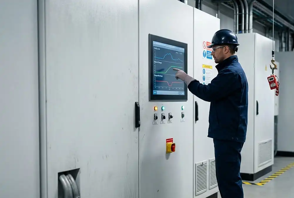  Engineer reviewing BESS EMS controls for load shifting battery storage