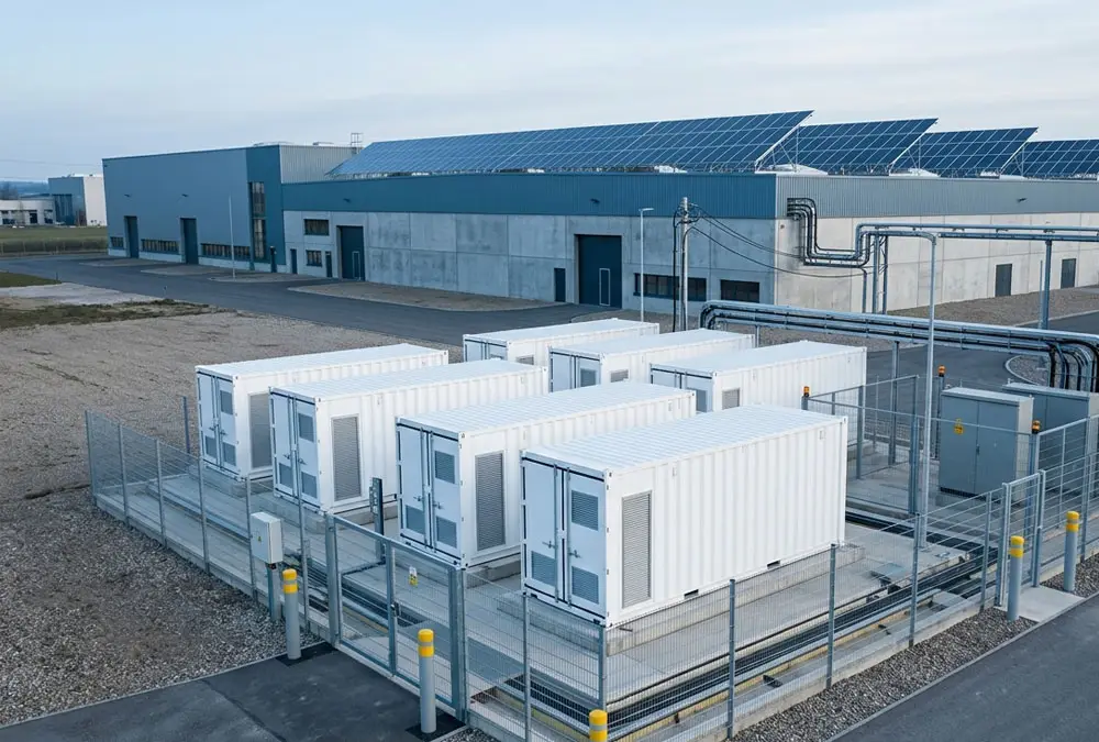 AC-coupled battery storage beside a European factory with rooftop solar PV