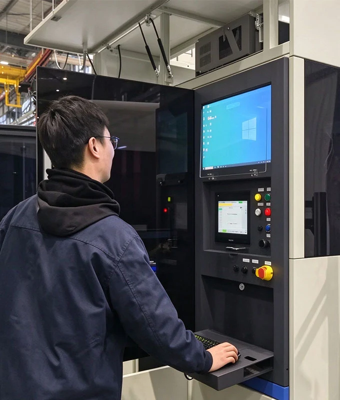 Engineer commissioning energy storage and EV charging equipment in the workshop